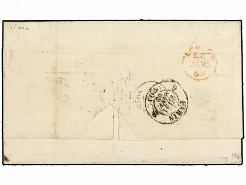 ¿ COLOMBIA. 1865. BOGOTÁ a PARÍS. 10 cent. azul, mat. ovalad