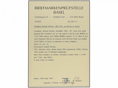 ¿ COLOMBIA. 1865. BOGOTÁ a PARÍS. 10 cent. azul, mat. ovalad