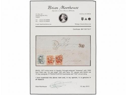 ✉ BRASIL. 1872. BAHÍA a PORTUGAL. 10 reis naranja (2) y 100 