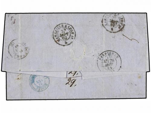 ✉ ITALIA. 1869. GÉNOVA a BARCELONA (España). 20 cts. azul y 