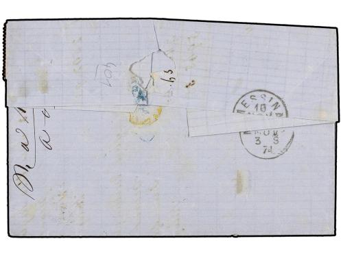 ✉ LEVANTE: CORREO FRANCES. 1874. SMYRNE to MESSINA (Italy). 