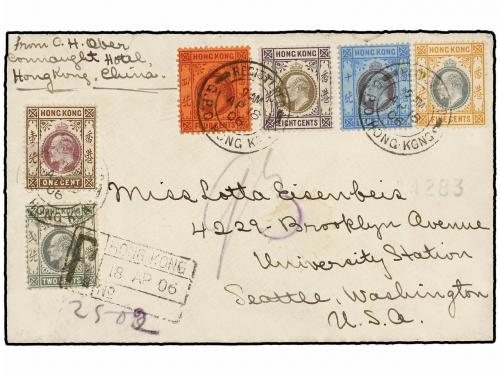 ✉ HONG KONG. 1906. HONG KONG to USA. Cover bearing six diffe