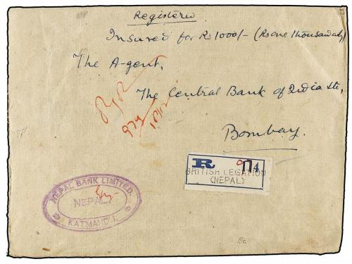 ✉ NEPAL. 1944. KATMANDU to BOMBAY. 3 p. (2), 1 a. (4), 8 a. 