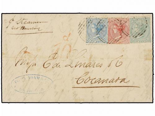 ✉ MAURICIO. Sg. 59, 62, 64. 1872. MAURITIUS to COCANADA (Fre