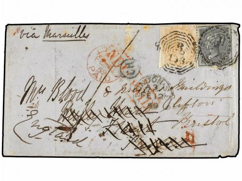 ✉ BIRMANIA. 1858. RANGOON to GREAT BRITAIN. Envelope franked