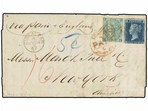 ✉ GIBRALTAR. 1867. GIBRALTAR to NEW YORK. Entire letter (fau