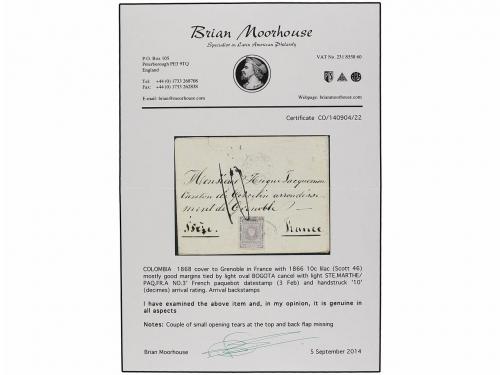 ✉ COLOMBIA. Sc. 46. 1866. BOGOTA a FRANCIA. Sobre circulado 