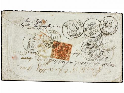 ✉ INDIA INGLESA. 1881. SIALKOT to PARIS. 1/2 anna blue and 4