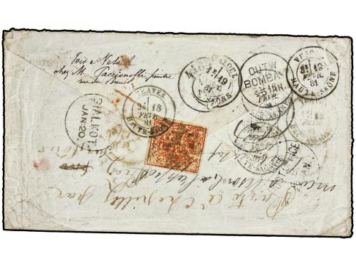 ✉ INDIA INGLESA. 1881. SIALKOT to PARIS. 1/2 anna blue and 4