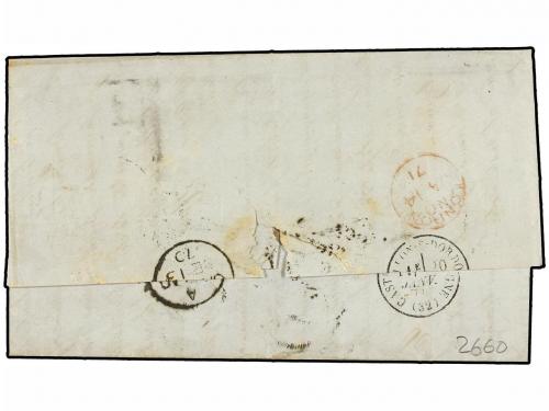 ✉ PERU. 1871. TACNA a FRANCIA. 1 dinero verde. Circulada vía