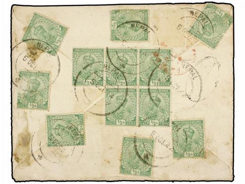 ✉ NEPAL. 1922 (5-10). KATHMANDU to ENGLAND. 1/2a. green (12)