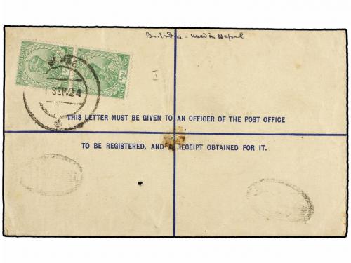 ✉ NEPAL. 1924 (1-9). KATHMANDU to INDIA. 2 annas registered 