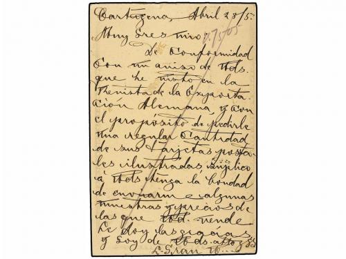 ✉ COLOMBIA. 1905. CARTAGENA a ALEMANIA. Entero Postal de 2 c