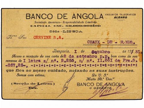 ✉ ANGOLA. 1931. BENGUELA a SUIZA. Entero Postal de 1 ctvo. v