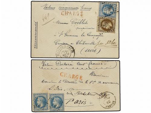 ✉ FRANCIA. 1865-70. 4 cartas CERTIFICADAS con franqueos 20 +