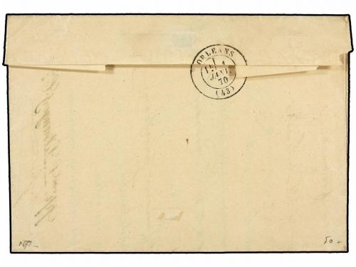 ✉ FRANCIA. 1869. PARIS a ORLEANS. 20 cts. azul mat. fechador