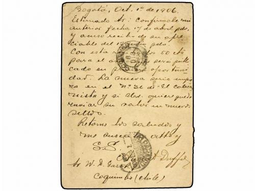 ✉ COLOMBIA. 1905. BOGOTÁ a COQUIMBO (Chile). Entero Postal d