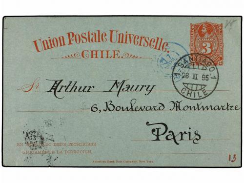 ✉ CHILE. 1895. SANTIAGO a PARÍS. Entero Postal de 3 ctvos. r