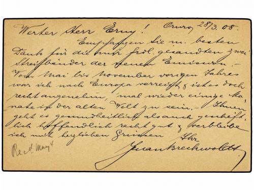 ✉ BOLIVIA. 1908. ORURO a NEW YORK. Entero Postal de 2 cts. a