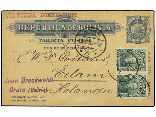 ✉ BOLIVIA. 1908. ORURO a HOLANDA. Entero Postal doble de 2 +