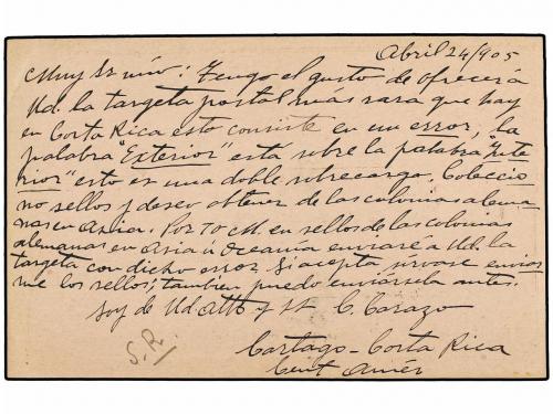 ✉ COSTA RICA. 1905. CARTAGO a BÉLGICA. Entero Postal de 2 ct