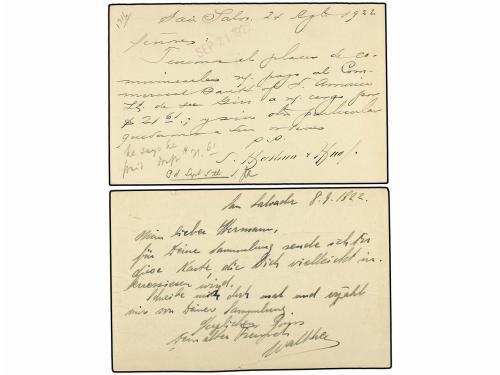 ✉ SALVADOR. 1922-27. Dos Enteros Postales de 1 ctvo. verde y