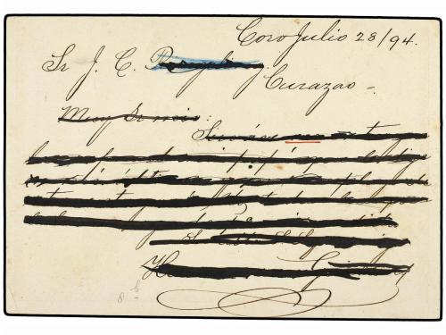 ✉ VENEZUELA. 1894. CORO a CURACAO. Entero Postal de 10 ctvos