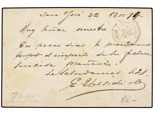 ✉ URUGUAY. 1879. SAN JOSÉ a MONTEVIDEO. Entero Postal de 2 c