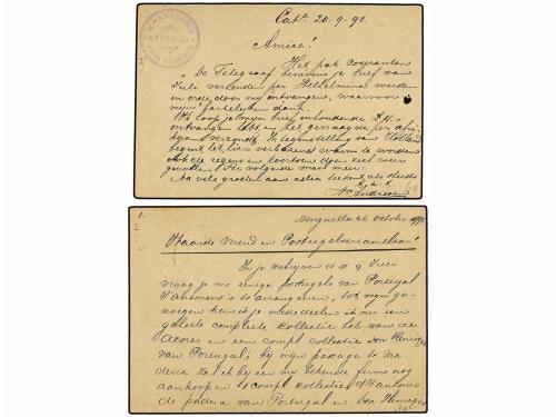✉ ANGOLA. 1893. Dos Enteros Postales de 10 reis azul (perfor