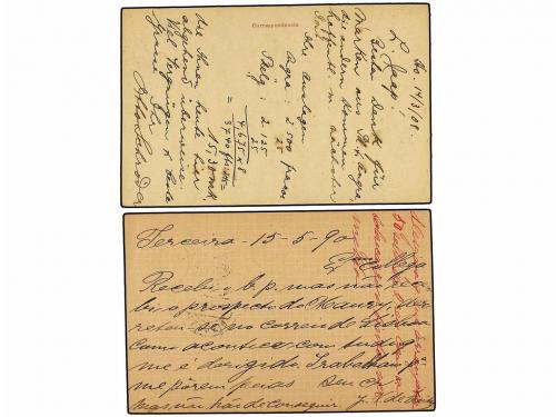 ✉ PORTUGAL: AZORES. 1890-1908. Cuatro Enteros Postales de 10