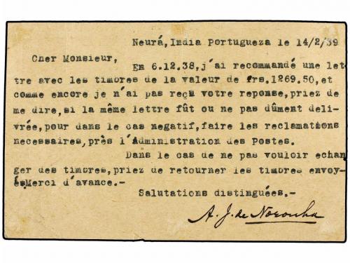 ✉ INDIA PORTUGUESA. 1939. NEURA a CHYPRE. Entero Postal de 3