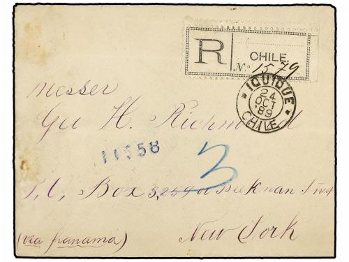 ✉ CHILE. 1889. IQUIQUE a NEW YORK. 5 ctvos. azul, bloque de 