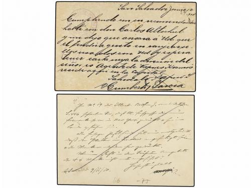 ✉ SALVADOR. 1910. 2 enteros postales de 1 ctvo. verde, uno d