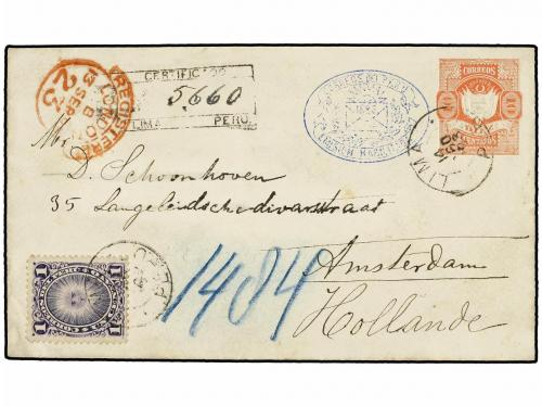 ✉ PERU. 1893. LIMA a HOLANDA. Entero postal de 10 ctvos. roj