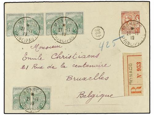 ✉ MONACO. 1919. MÓNACO a BÉLGICA. Entero postal de 10 cts. r