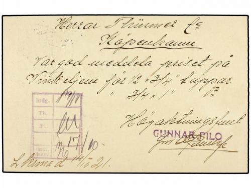 ✉ DINAMARCA. 1921. LANDSKRONA (Suecia) a COPENHAGEN. Entero 