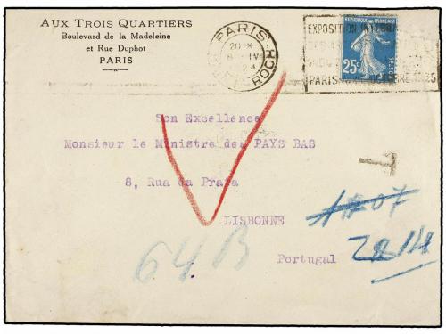✉ PORTUGAL. 1924. PARÍS a LISBOA. 25 cts. azul, tasada a la 