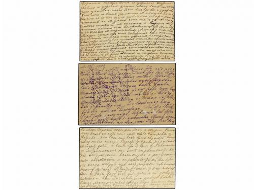 ✉ RUSIA. 1903-13. 3 postal stationary cards taxed with swiss