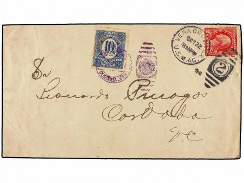 ✉ MEXICO. 1914. VERACRUZ a CÓRDOBA. Circulada con sellos USA