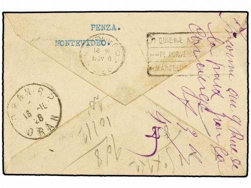 ✉ URUGUAY. 1919. MONTEVIDEO a ORÁN (Argelia). 5 mi. gris, ta