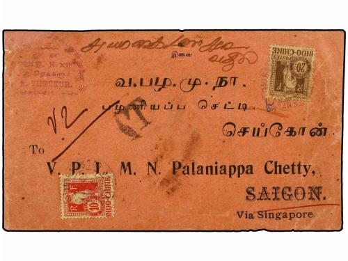 ✉ INDOCHINA. 1913. THEKKUR (India) to SAIGON. 1 anna red, ta