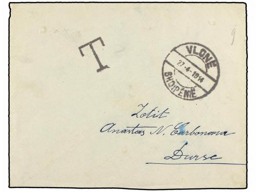 ✉ ALBANIA. 1914 (27-IV). VLONE to DURRES. Unfranked cover ta