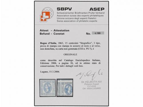 ITALIA. 1863. 15 cts. azul. Impresión en anverso y reverso (