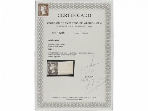 ** ESPAÑA. Ed. 1. 6 cuartos negro pl. I. Goma original ínteg