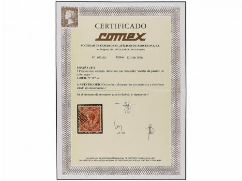 ° ESPAÑA. Ed. 187. 5 pts. carmín, mat. ROMBO DE PUNTOS. Magn