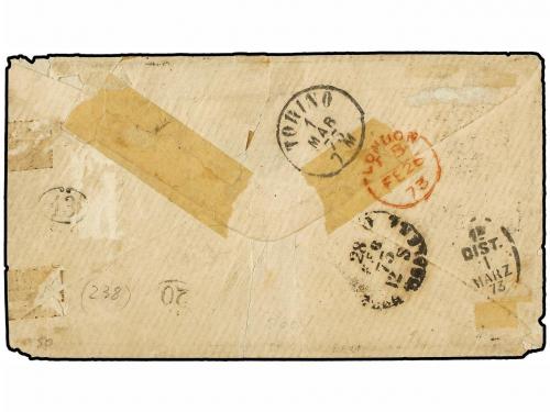 ✉ URUGUAY. Ed. . 1875 (Jan 23). Cover to TURIN via LONDON fr