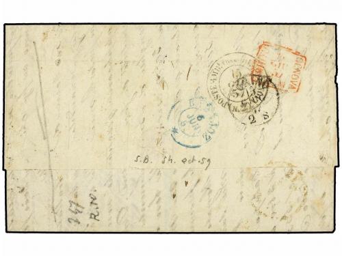 ¿ PORTUGAL. 1857. LISBOA a GENOVA. 25 reis azul, manuscrito