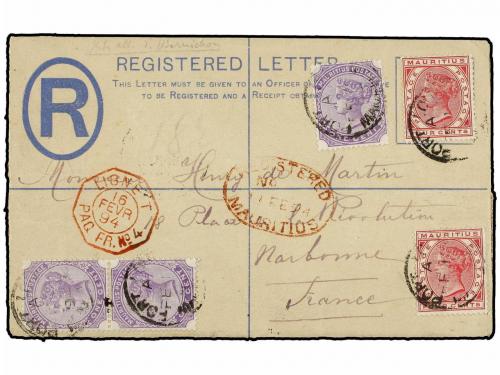 ✉ MAURICIO. 1894. Circulada a FRANCIA. Entero Postal de 2 ce