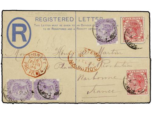 ✉ MAURICIO. 1894. Circulada a FRANCIA. Entero Postal de 2 ce