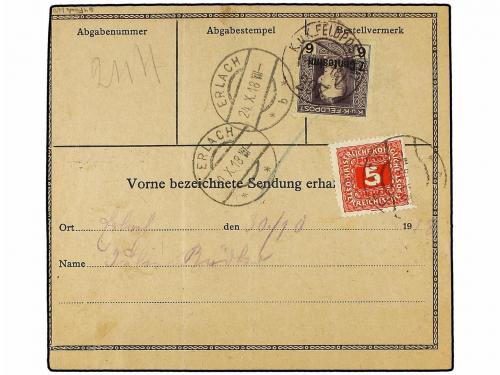 ¿ AUSTRIA. 1918. Parcel Card franked by 7 c. on 6 h. violet,